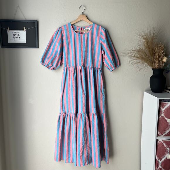 SZ Blockprints Gaia Pink Blue Striped Puff Sleeve Tiered Maxi Dress Size Small - Picture 2 of 11